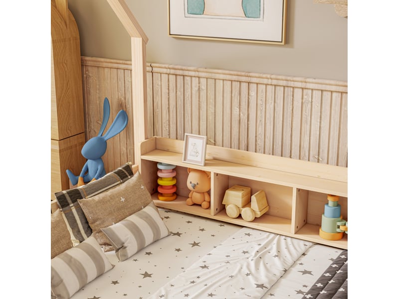  Lit cabane au sol enfant 140x200 cm en pin naturel avec barrières et rangements  - Conforama E
