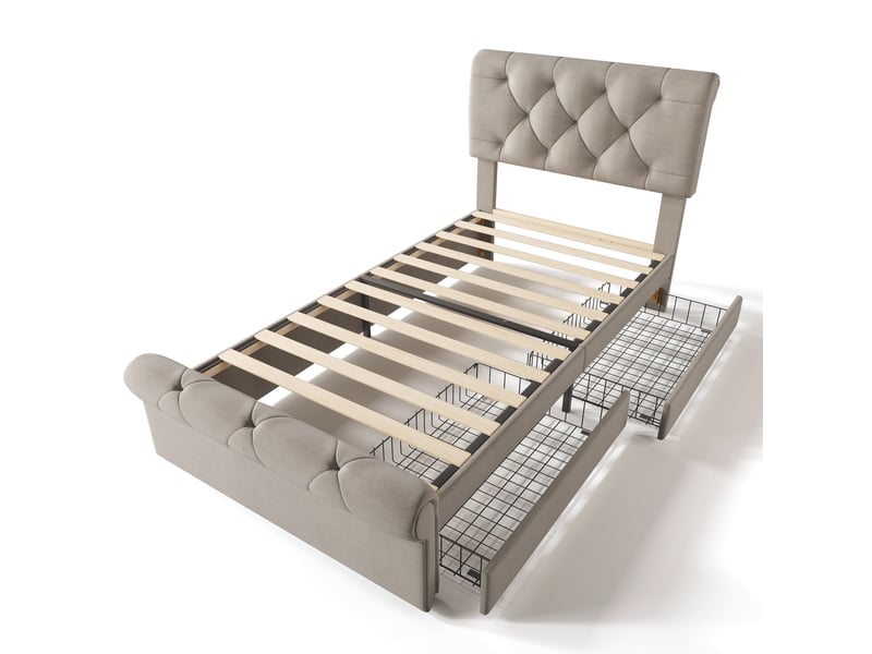  Lit simple chesterfield 90x200 cm avec rangements et 2 tiroirs, lin, naturel, sans matelas  - Conforama C