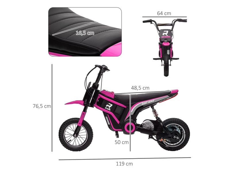 Moto cross électrique dirt bike enfant 350w 12v 2 vitesses 8-16 kmh rose noir - Conforama C