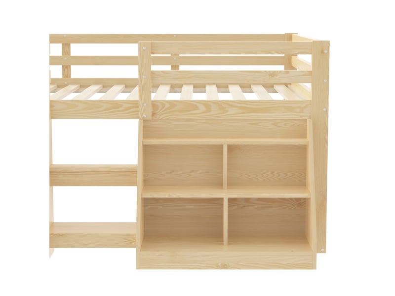  Lit double 140 × 200 cm, bibliothèque et niches, échelle centrale, led par application, pin et mdf, naturel  - Conforama E