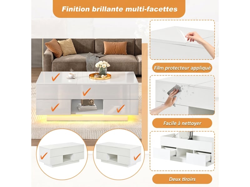Table basse relevable avec éclairage led 100x45x43cm - table de salon blanche haute brillance rangement caché - Conforama D