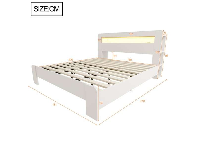  Lit 180 x 200 cm blanc avec rangement, éclairage led et prises intégrées  - Conforama E