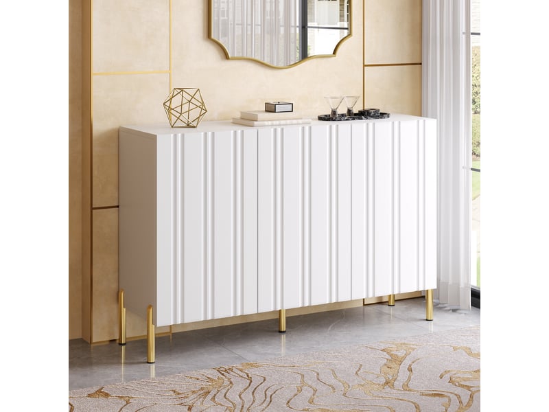  Buffet de salon - 120x35.5x80cm - 3 portes rainurées étagères réglables et pieds dorés en métal - blanc  - Conforama D