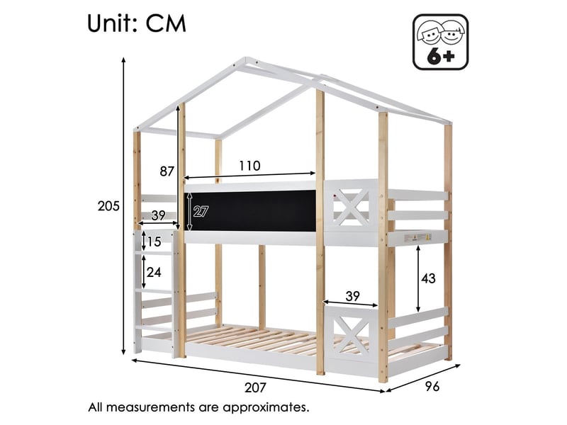  Lit superpose cabane 90x200cm - avec escalier - lit cabane enfant avec tableau noir, barrière de sécurité et sommier blanc  - Conforama C