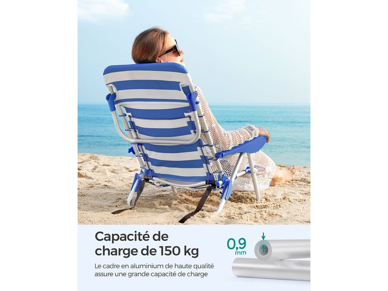  Chaise de plage pliante aluminium avec oreiller pliable inclinable portable comme sac à dos chaise d’extérieur rayure bleue et blanche 12_0004890  - Conforama E