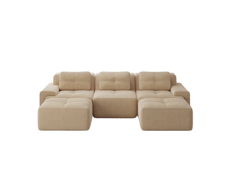 Canapé modulable en u 3 places avec ottoman, assise profonde et base antidérapante en velours côtelé beige - Conforama A