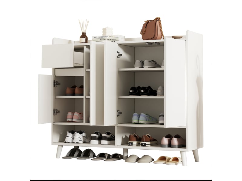  Buffet à chaussures oslo blanc 120x35x99 cm, 4 portes, 1 tiroir &amp; étagère réglable, grand rangement  - Conforama B
