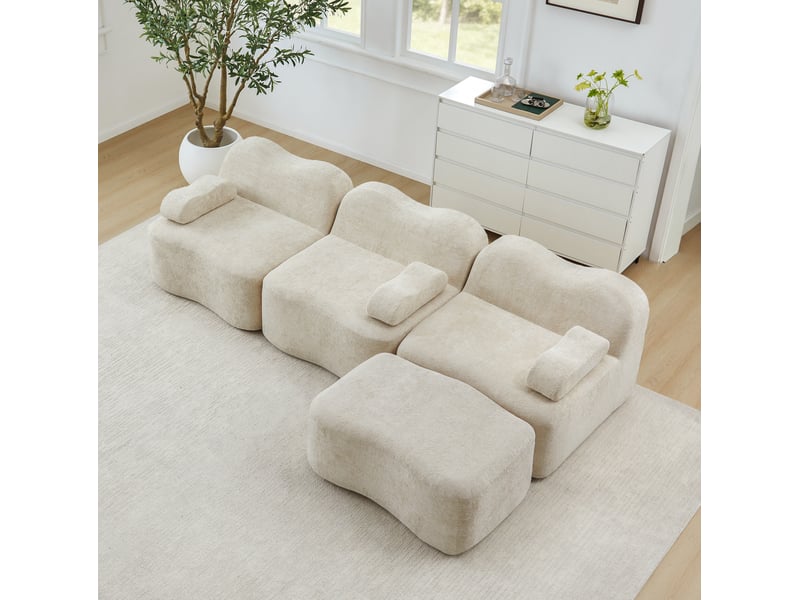  Canapé d'angle modulaire ulevr 3 places avec ottomane, assise profonde en velours beige, 288 x 167 x 70 cm  - Conforama D