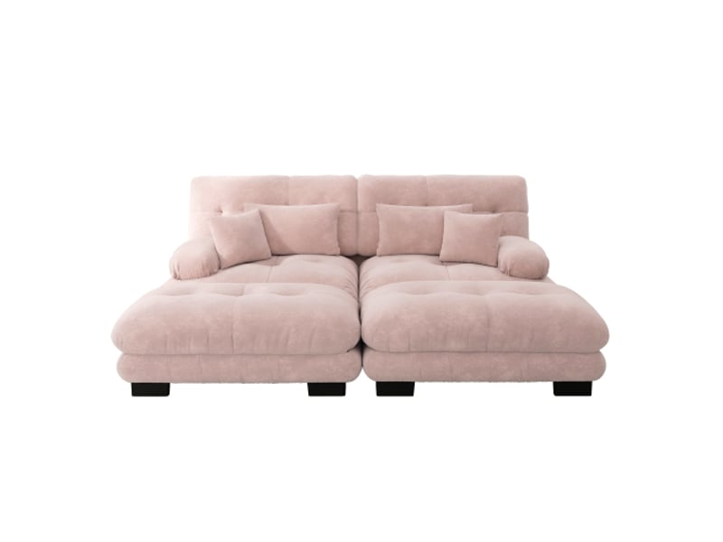  Canapé 2 places, avec 2 coussins lombaires et 2 oreillers, accoudoirs larges et 2 poufs, chenille, rose  - Conforama E