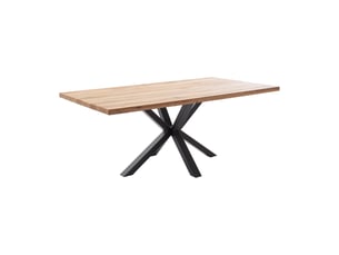 Table à manger avec bord droit coloris chêne massif naturel et pieds en métal forme croisée - longueur 180 x profondeur 100 x hauteur 76 cm