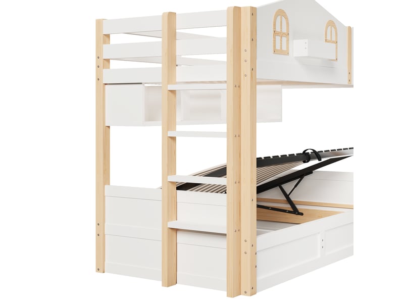 Lit superposé 90×200 cm avec led, rangement hydraulique et étagères, pin et mdf blanc et chêne sans matelas  - Conforama D