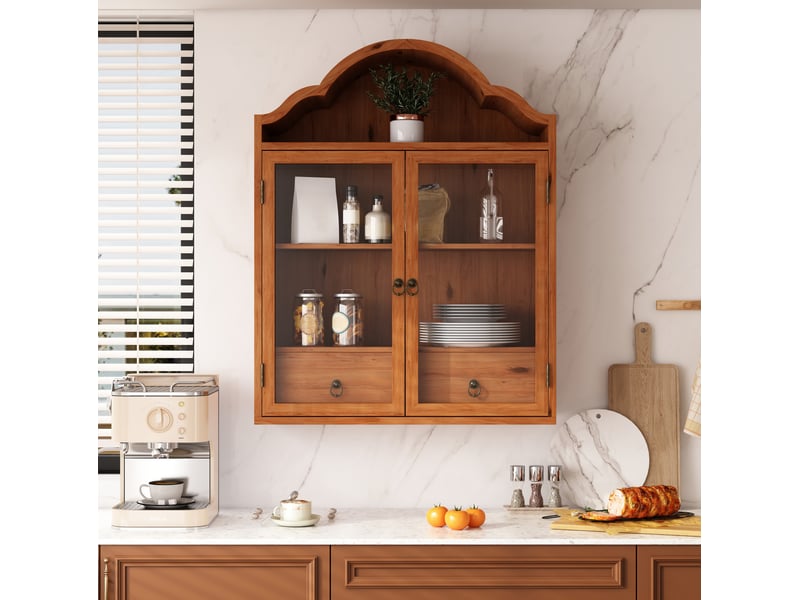  Armoire murale rétro avec 2 portes vitrées, 2 tiroirs et étagères réglables pour cuisine bois brun 60 × 22 × 76,5 cm  - Conforama B