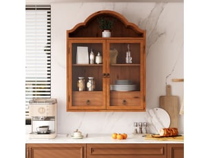 Armoire murale rétro avec 2 portes vitrées, 2 tiroirs et étagères réglables pour cuisine bois brun 60 × 22 × 76,5 cm