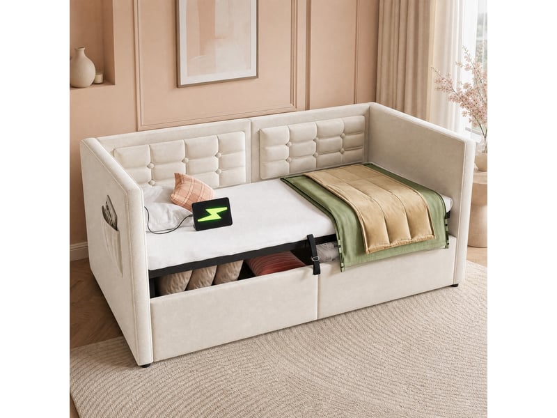 Lit banquette coffre 90x200 cm en velours beige avec usb et type-c - Conforama C