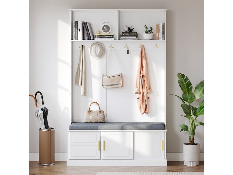 Vestiaire d’entrée blanc 120 × 40 × 191 cm, banc à chaussures, 6 patères triples - Conforama B