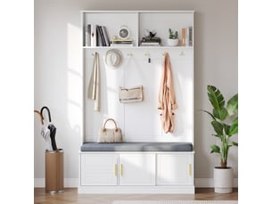 Vestiaire d’entrée blanc 120 × 40 × 191 cm, banc à chaussures, 6 patères triples