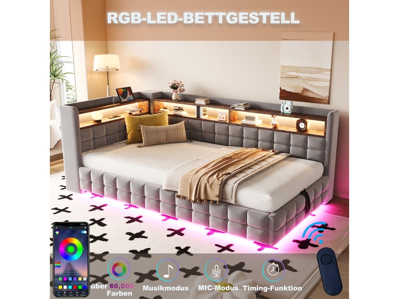  Lit canapé velours gris clair 90x200 cm avec rangement hydraulique, led, usb et étagère  - Conforama B