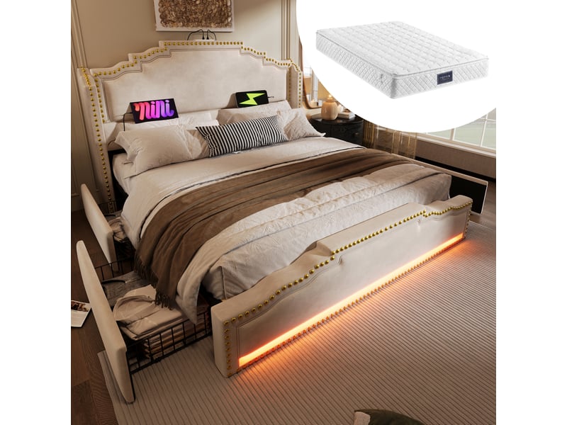  Lit double 160 x 200 cm avec 4 tiroirs, led, usb-c et matelas - beige  - Conforama D