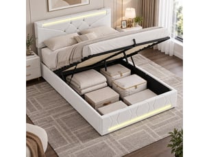 Lit coffre 2 places 140x190 cm, lit adulte, rangement, tête de lit réglable, led, ports usb, style simple, lin beige