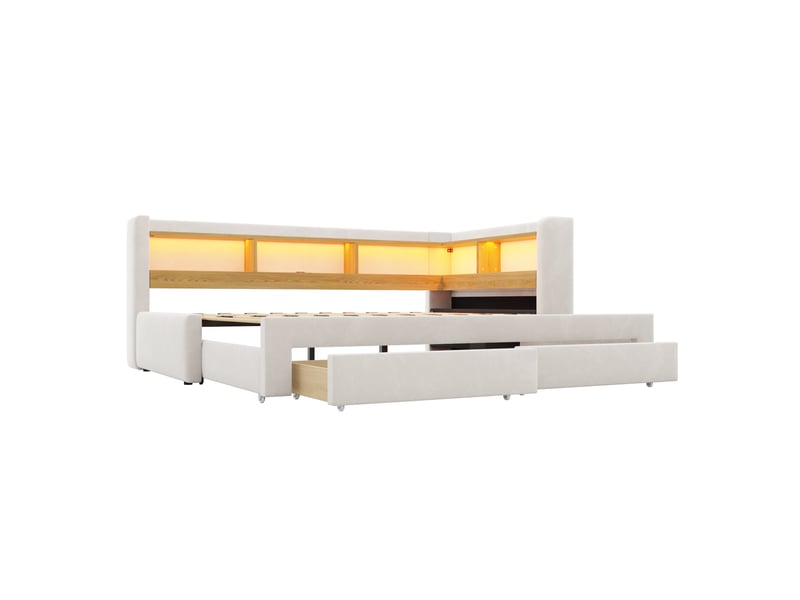  Banquette-lit 3-en-1 extensible 90/180x200 cm, led, prise, tiroirs, lit gigogne  - Conforama D