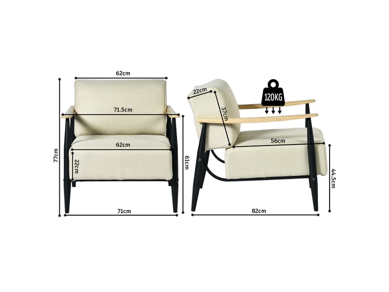  Fauteuil de salon à ressorts, avec ensachés assise épaisse, accoudoirs en bois, structure en acier, beige  - Conforama C