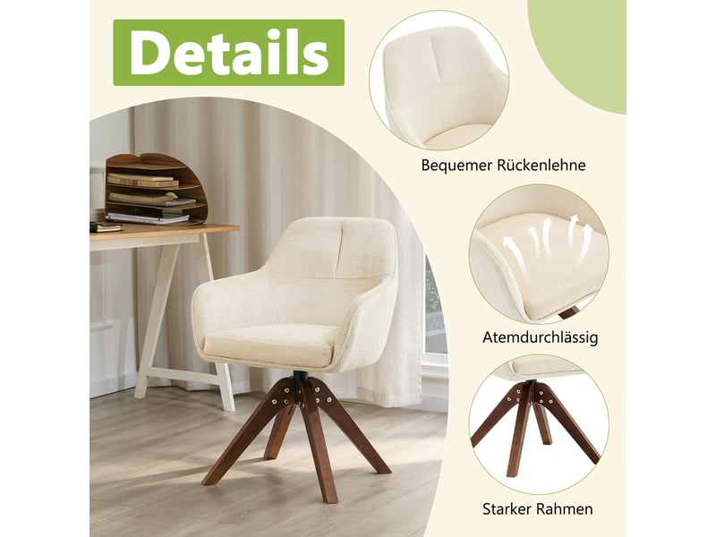  Lot de 2 chaises de salle à manger pivotantes 360°,avec pieds noyer,tissu,crème  - Conforama D