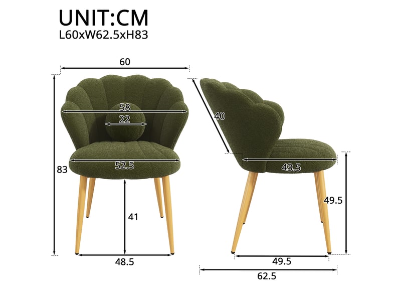  Lot de 4 chaises de salle à manger 60x62,5x83 cm vertes, tissu peluche polyester, pieds métalliques dorés  - Conforama C