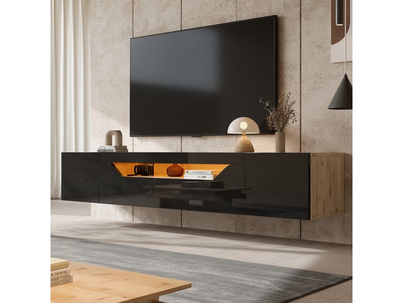  Meuble tv mural modenvie 180 x 37 x 36 cm avec led et rangement noir et bois naturel  - Conforama D