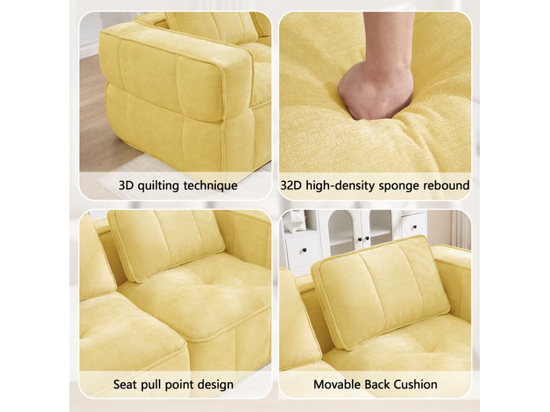 Canapé modulaire 2 places avec deux poufs, assise profonde et mousse 32d, sans montage, en polyester jaune - Conforama E