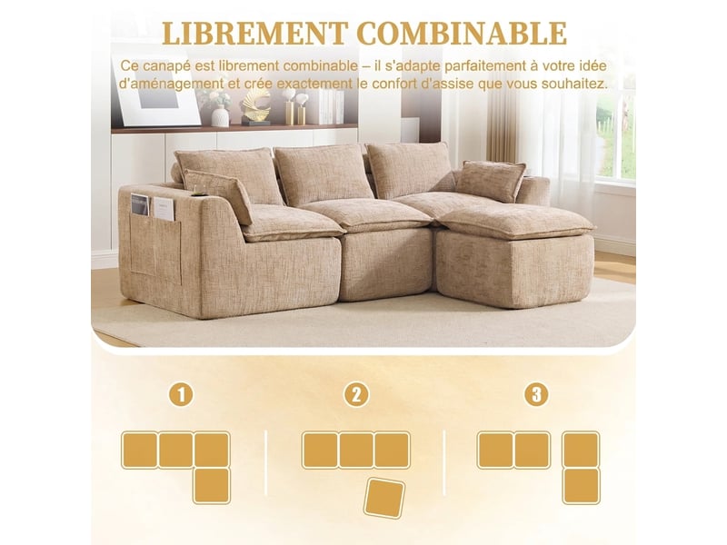Canapé 3 places modulable en tissu chenille kaki avec pouf - mousse et ressorts - 256x161x75cm - Conforama E