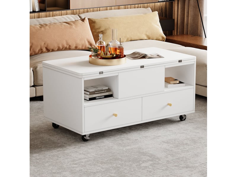  Table basse relevable 100 x 50 x 47,5 cm hauteur 47,5-62 cm hydraulique 4 tiroirs rabattable roulettes mdf blanc  - Conforama E