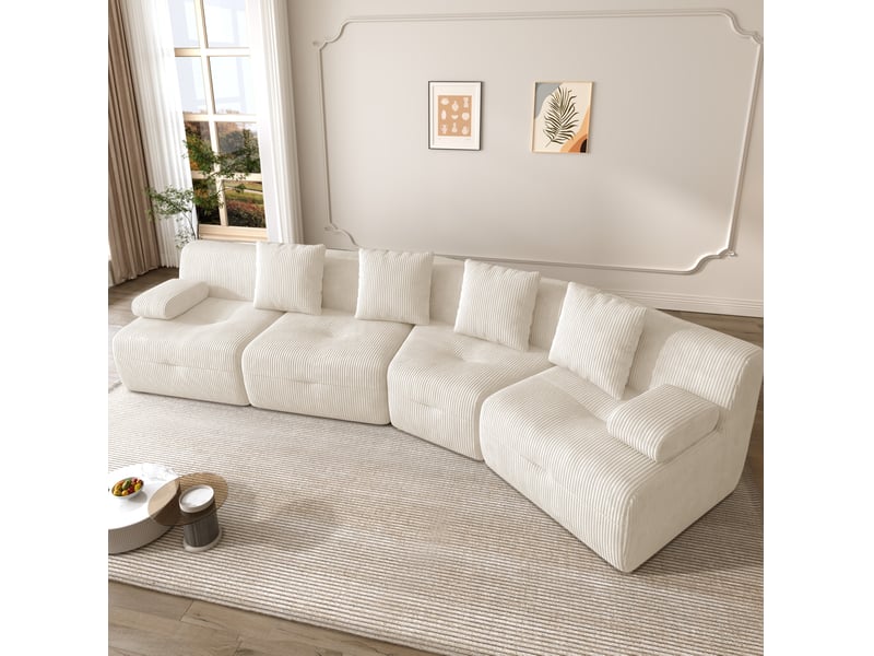  Canapé modulaire 4 places à modules indépendants sans montage, en velours côtelé beige clair, 311 × 90 × 65 cm  - Conforama B
