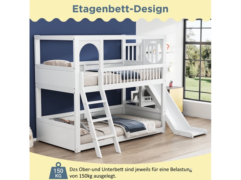  Lit superposé enfant 2 couchages 90x200 cm, toboggan, rangements, sommier à lattes, pin et mdf blanc sans matelas  - Conforama D