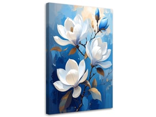 Tableaux, magnolias blancs sur fond bleu dans un style élégant 30x45