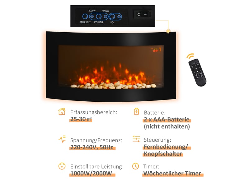  Cheminée électrique murale noire avec effet flammes led, chauffage 10002000 w, 89,2 cm  - Conforama W