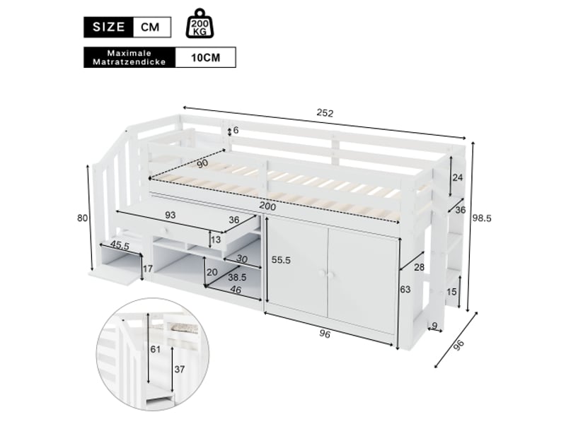  Lit mezzanine 90x200 cm coloris blanc mois massif lit enfant blanc - Conforama C