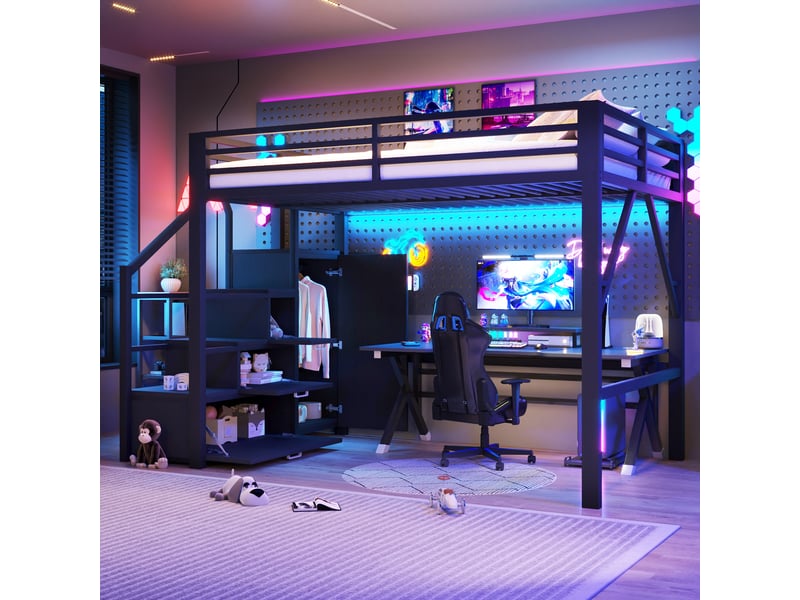  Lit mezzanine 140 × 200 cm, armoires de rangement, led, garde-corps hauts, escalier et étagères, métal et mdf, noir  - Conforama D