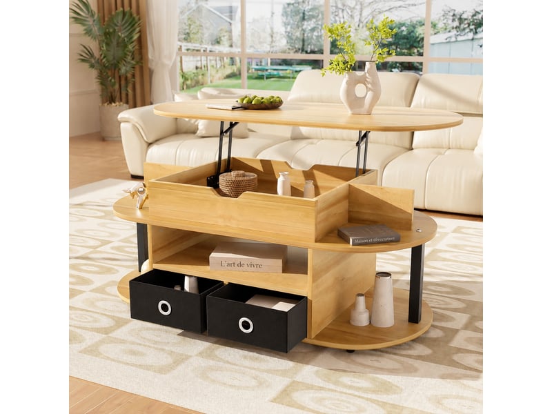  Table basse relevable avec 2 tiroirs en tissu, effet bois et noir, 105 x 50 cm  - Conforama E