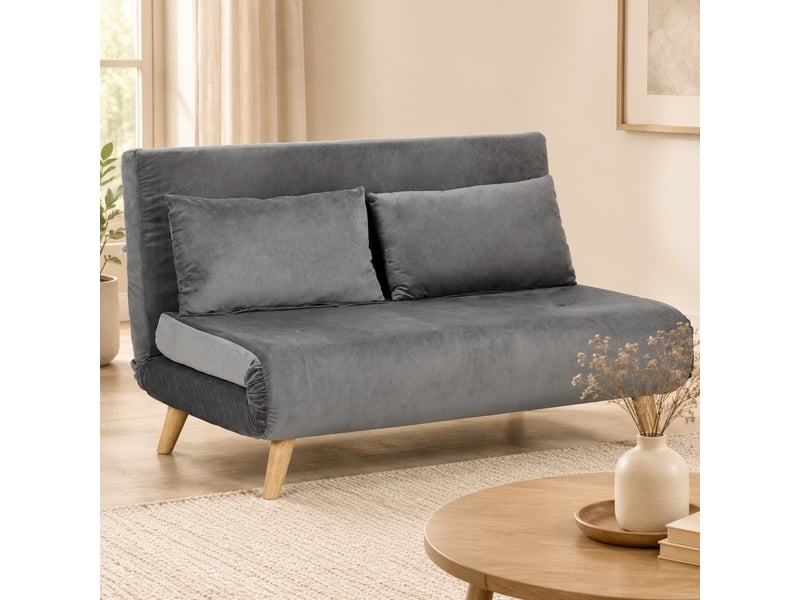  Canapé convertible 2 places 130x78x79 cm, pieds en bois, dossier réglable, effet velours gris  - Conforama B