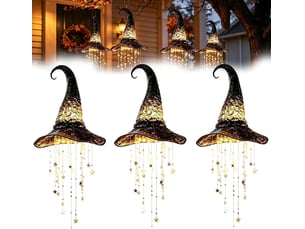 3 pièces décoration halloween suspendue, chapeau de sorcière lumineux led avec étoiles et glands colorés pour porche, terrasse et jardin
