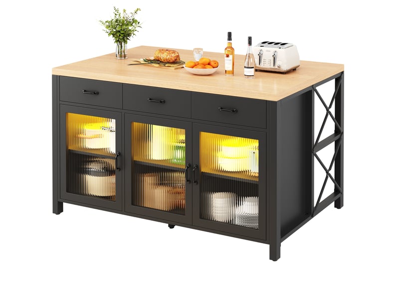  Îlot de cuisine avec 3 tiroirs et 3 portes vitrées, led, pieds réglables, noir, 150x80x90 cm  - Conforama A