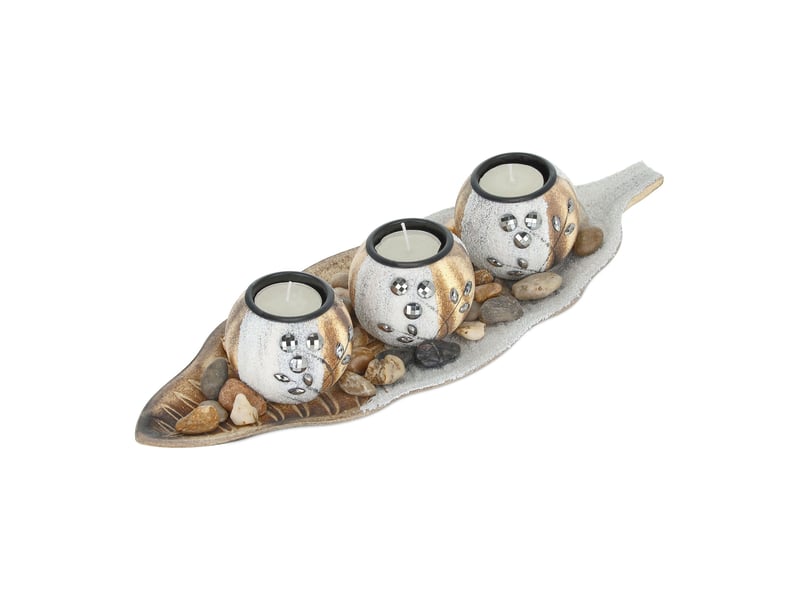  Lot de 3 porte-bougies ronds avec plateau décoratif en forme de feuille décoration cosy 40 x 20 x 5 cm en métal blanc 13_0011898  - Conforama A