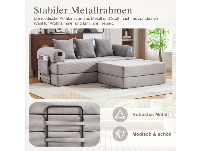  Canapé d'angle convertible modulable en velours côtelé gris clair avec pouf et 3 coussins inclus  - Conforama E