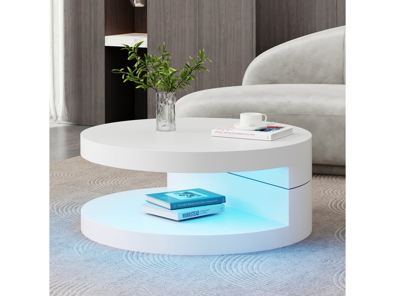  Table basse ronde blanche pivotante à 360 degrés avec éclairage led - mdf 70x70 cm double couche  - Conforama E