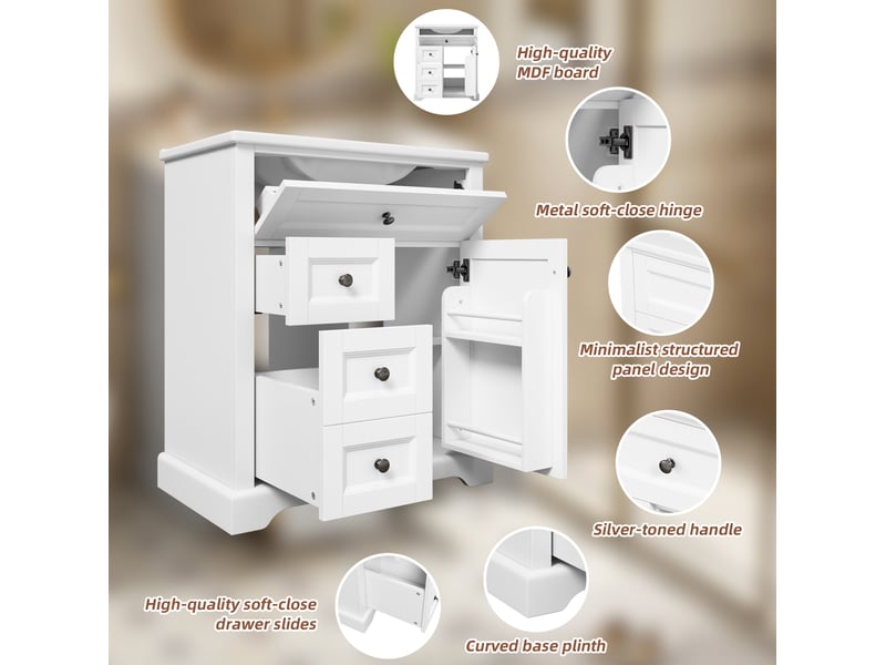 Meuble vasque de salle de bains blanc 76 cm avec lavabo en céramique, 3 tiroirs et rangement réglable - Conforama E