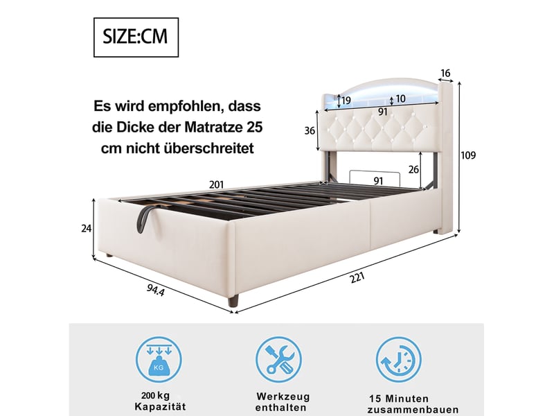 Lit enfant coffre 90x200 cm avec led, usb et usb-c en tissu beige - Conforama E