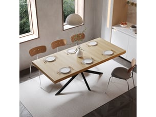 Table à manger extensible 140-180 x 80 cm avec rangement dissimulé, plateau mdf effet bois naturel, pieds métal noir en x, 4 à 6 places