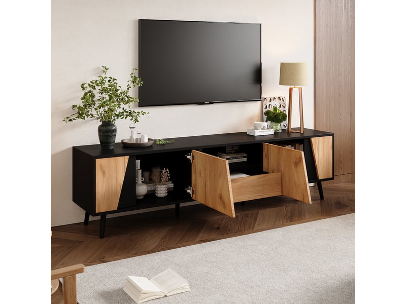  Meuble tv 180 cm noir et bois, meuble tv pour téléviseur 75 pouces avec 2 placards, tiroir et étagère ouverte  - Conforama D