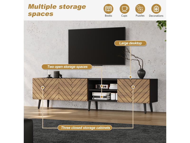  Meuble tv 180 cm pour télévision jusqu'à 75 pouces, meuble tv noir et bois avec rangement, portes et passe-câbles  - Conforama R