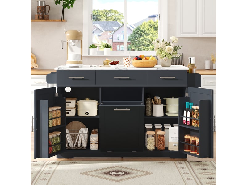 Îlot de cuisine sur roulettes avec plateau rabattable, armoire à poubelle et 3 tiroirs, gris, 136x75x92 cm - Conforama B